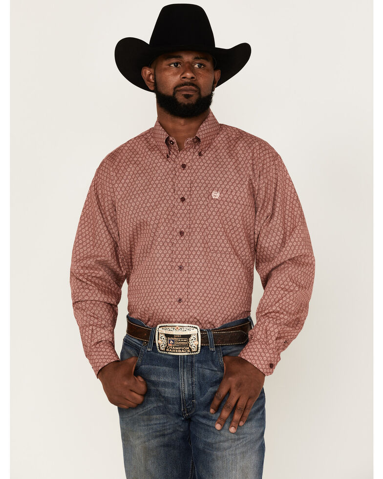 Cinch Men's Star Burgundy Geo Print Long Sleeve Button-Down Western Shirt , Burgundy, hi-res