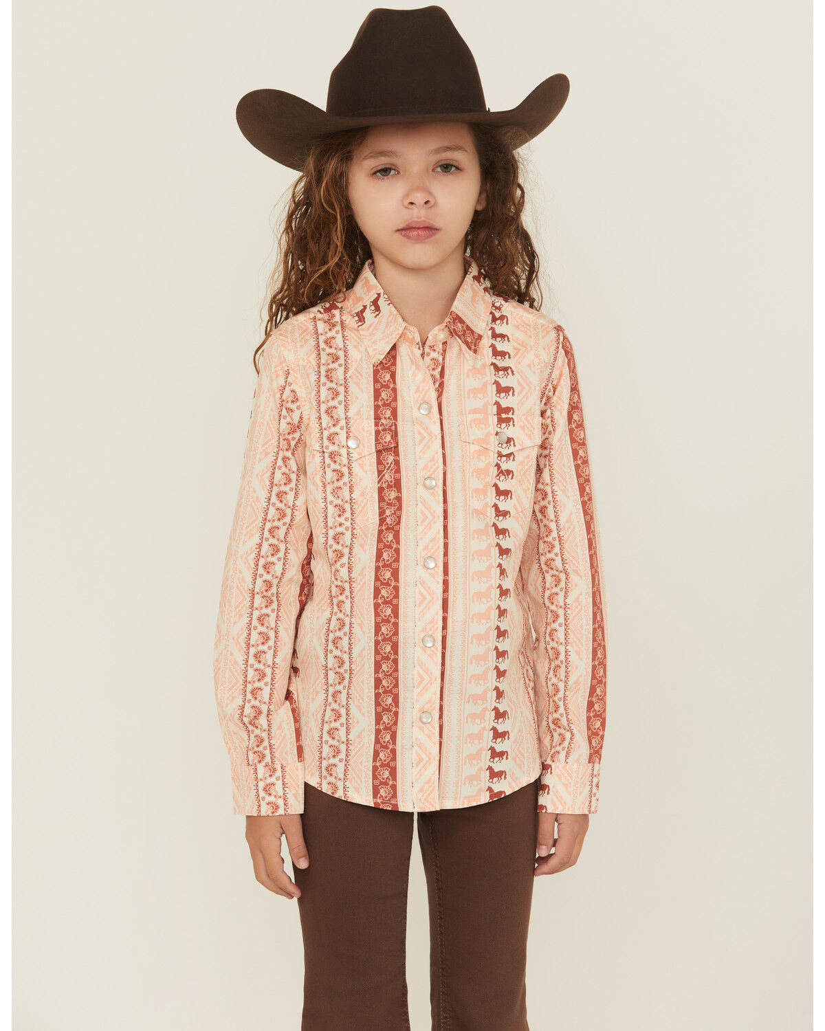 Image #1 - Wrangler Girls' Horse Striped Print Long Sleeve Snap Western Shirt, Pink, hi-res