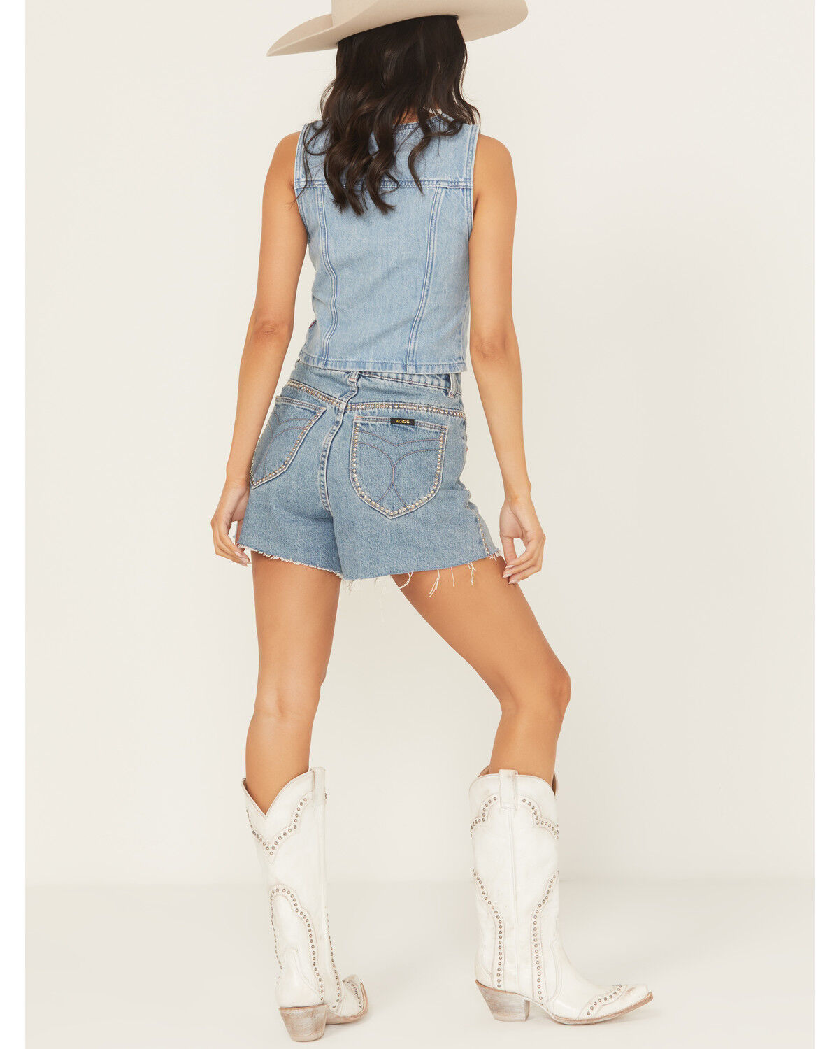 Image #3 - Rolla's X AC/DC Women's Medium Wash High Rise Studded Mirage Cut-Off Denim Shorts, Medium Wash, hi-res