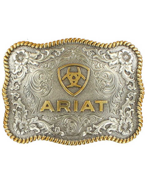 Image #1 - M & F Western Gold & Silver Scalloped Ariat Rope Edge Belt Buckle, Silver, hi-res