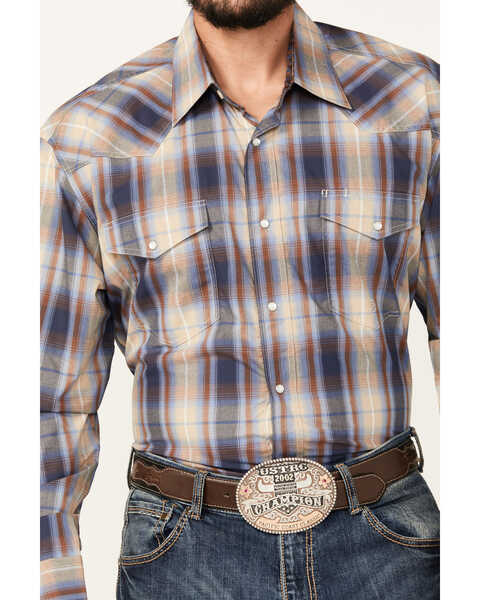 Image #3 - Roper Men's Amarillo Plaid Print Long Sleeve Pearl Snap Western Shirt, Navy, hi-res