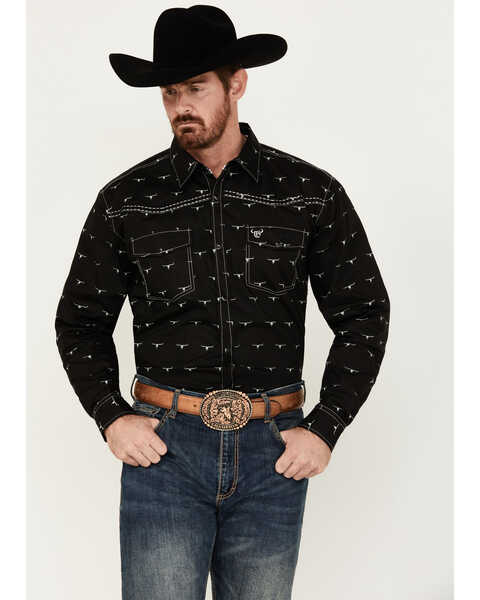 Image #1 - Cowboy Hardware Men's Skull Print Long Sleeve Snap Western Shirt, Black, hi-res