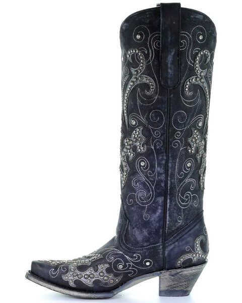 Image #4 - Corral Women's Tall Studded Overlay & Crystals Western Boots - Snip Toe, Black, hi-res