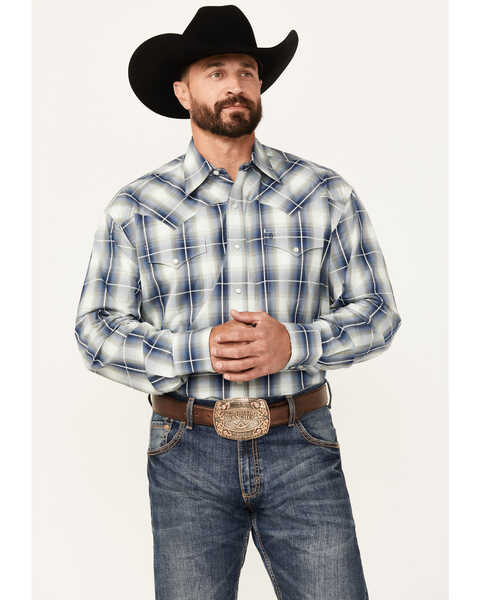 Image #1 - Stetson Men's Plaid Print Long Sleeve Pearl Snap Western Shirt, Dark Blue, hi-res