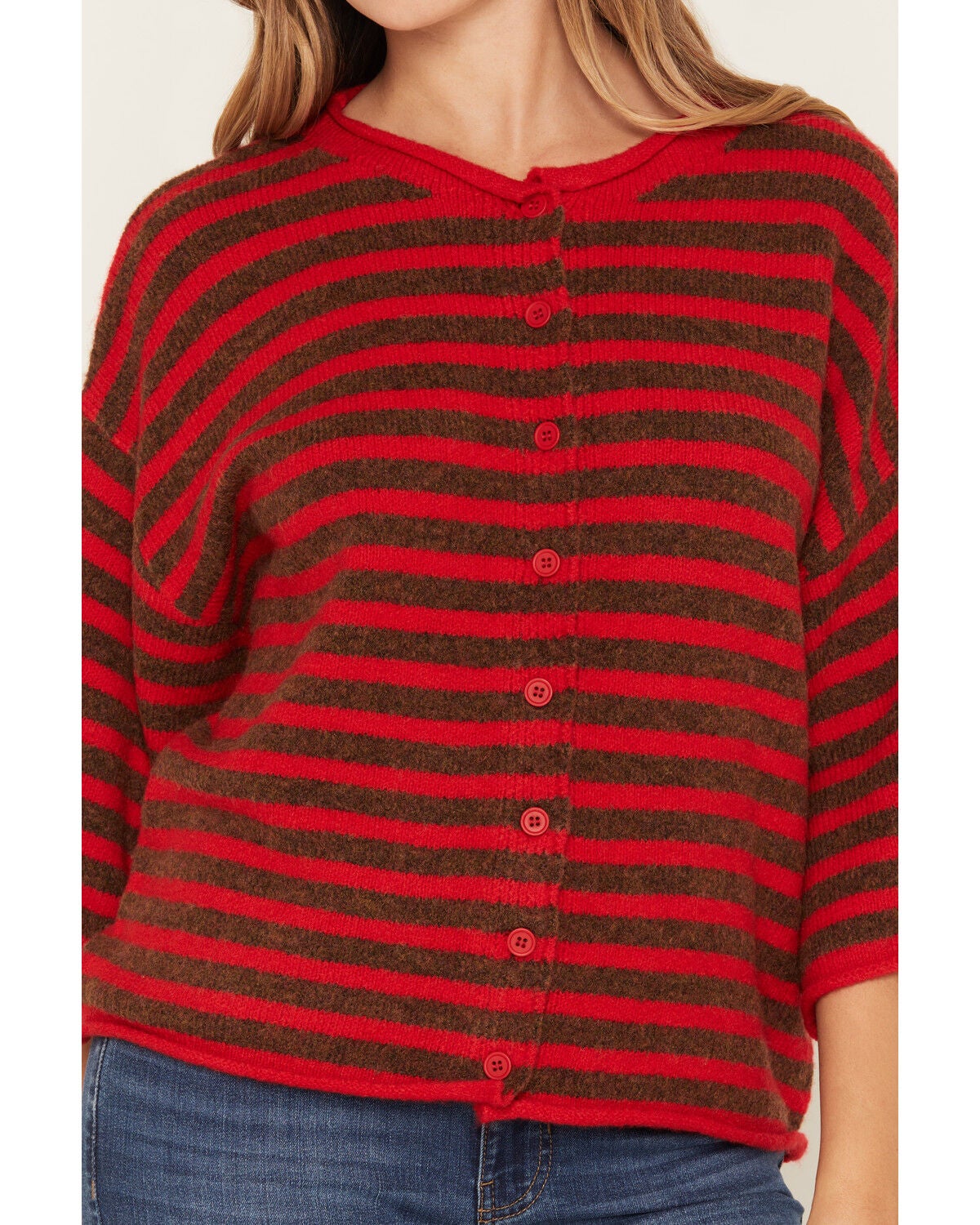 Image #3 - By Together Women's Striped Short Sleeve Button-Down Sweater, Red, hi-res