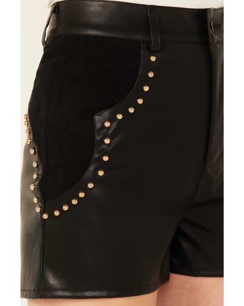 Image #2 - Blue B Women's High Rise Faux Leather Studded Shorts , Black, hi-res