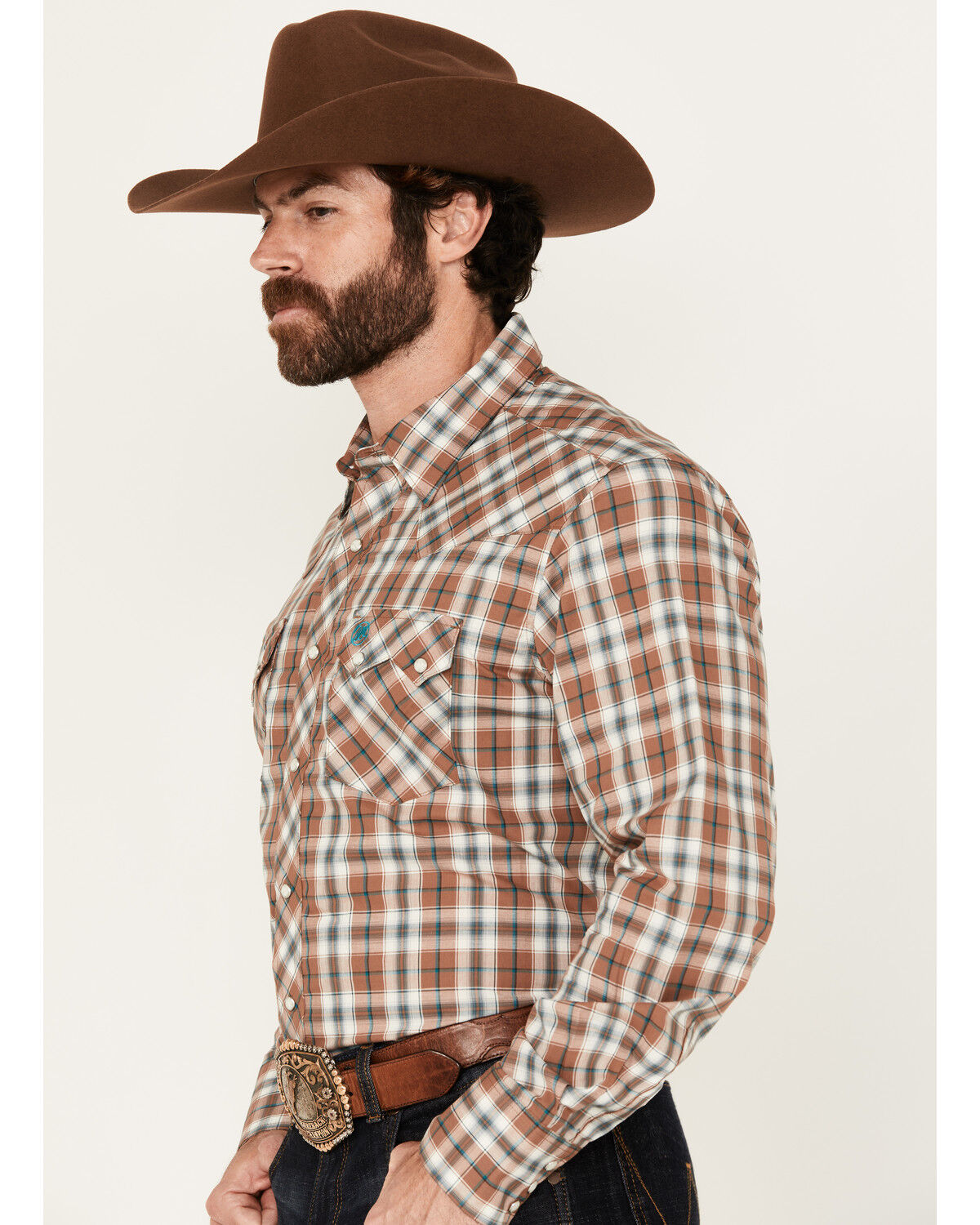 Image #2 - Wrangler Retro Men's Plaid Print Long Sleeve Snap Western Shirt, Brown, hi-res