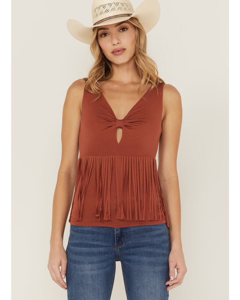 Idyllwind Women's Bluebell Twist & Fringe Top, Pecan, hi-res