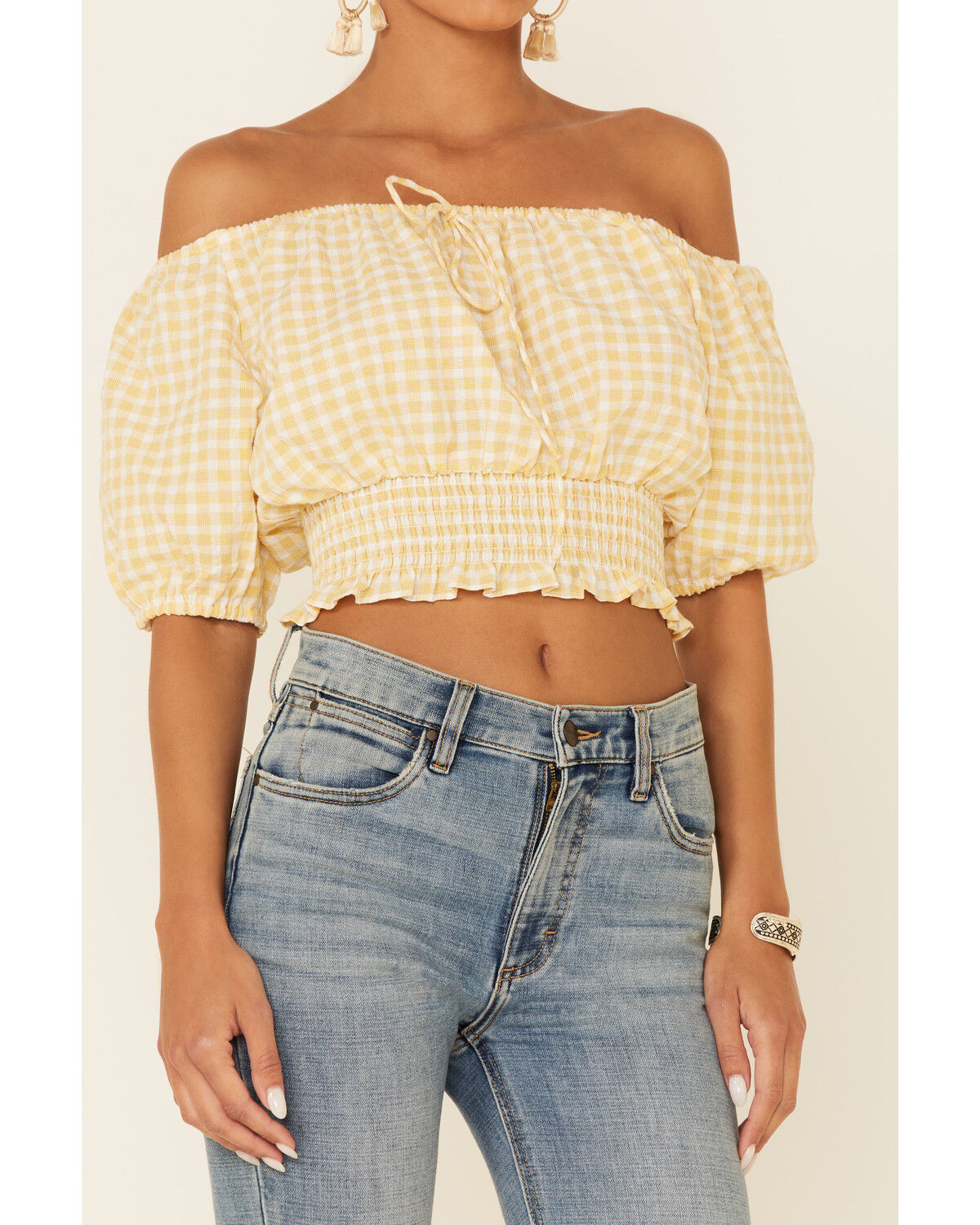 Image #3 - Beyond The Radar Women's Gingham Off-Shoulder Peasant Crop Top, Mustard, hi-res