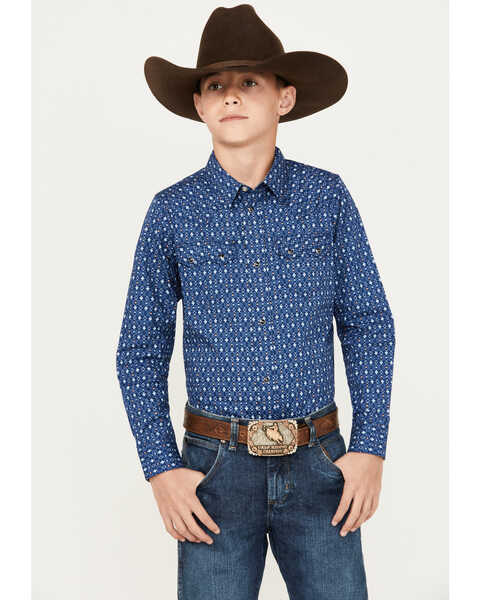 Image #1 - Cody James Boys' El Paso Geo Print Long Sleeve Snap Western Shirt , Navy, hi-res