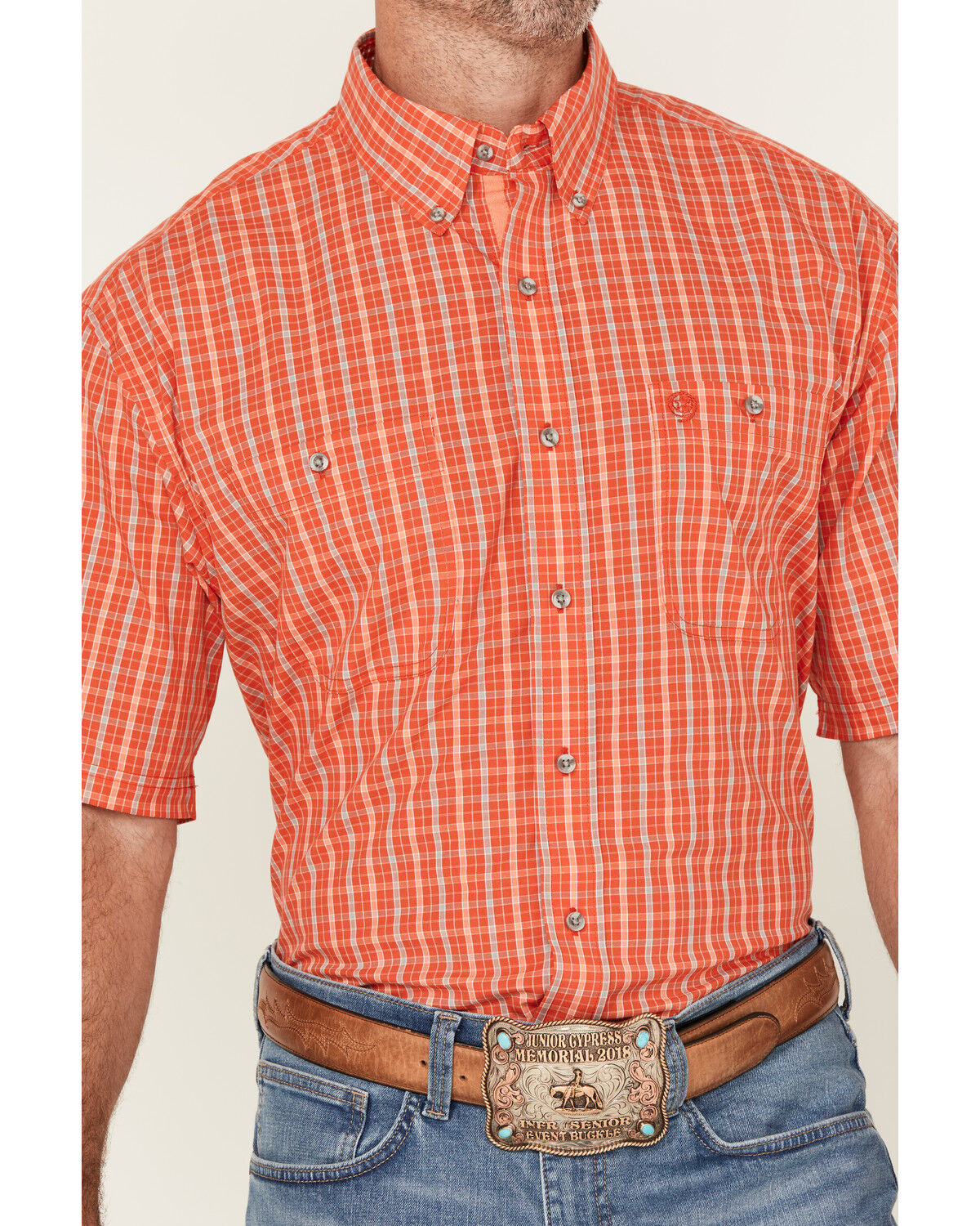 Image #3 - George Strait by Wrangler Men's Plaid Print Short Sleeve Button-Down Stretch Western Shirt, Red, hi-res