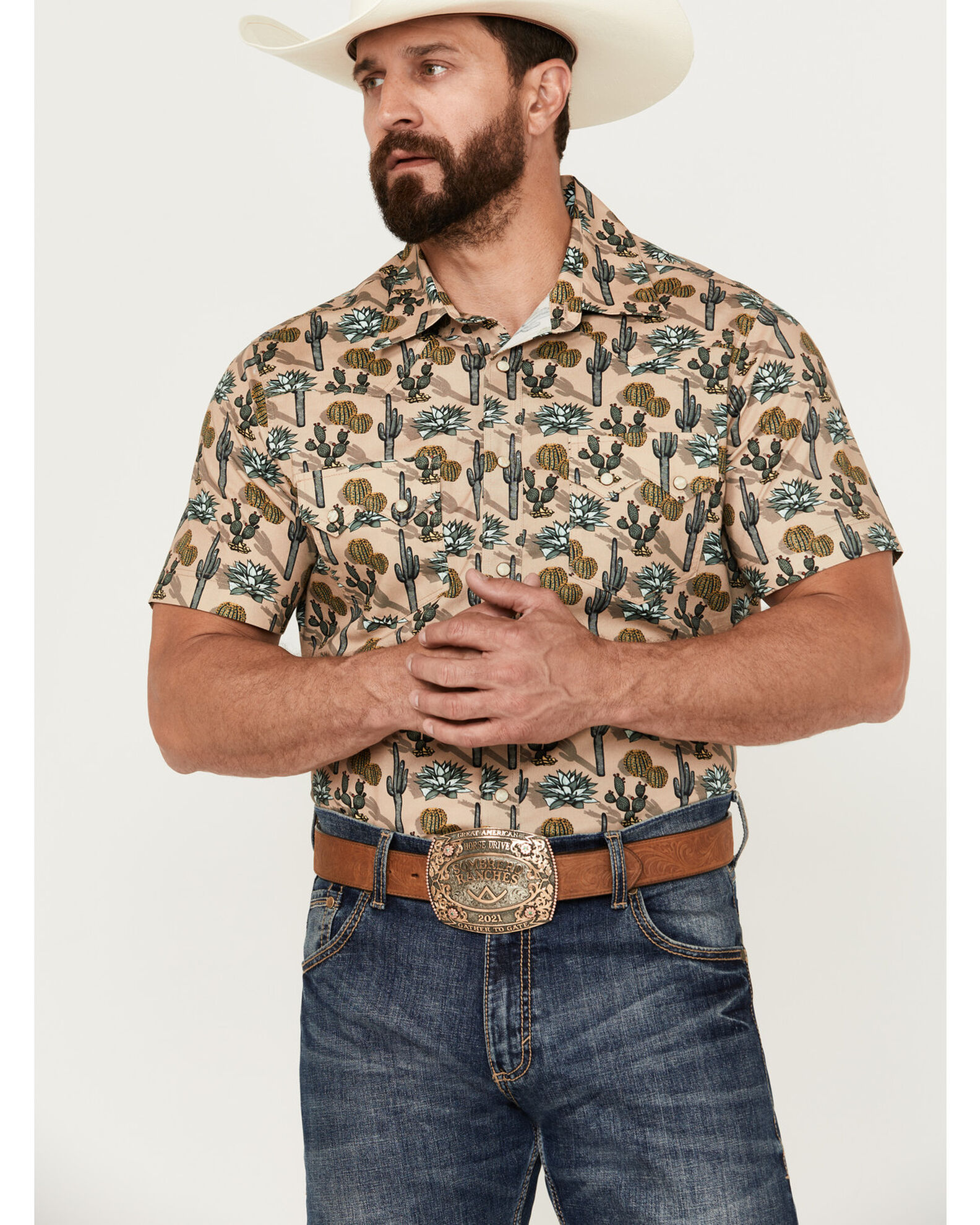 Rock Roll Denim Men s Cactus Print Stretch Short Sleeve Snap Western Shirt Sheplers