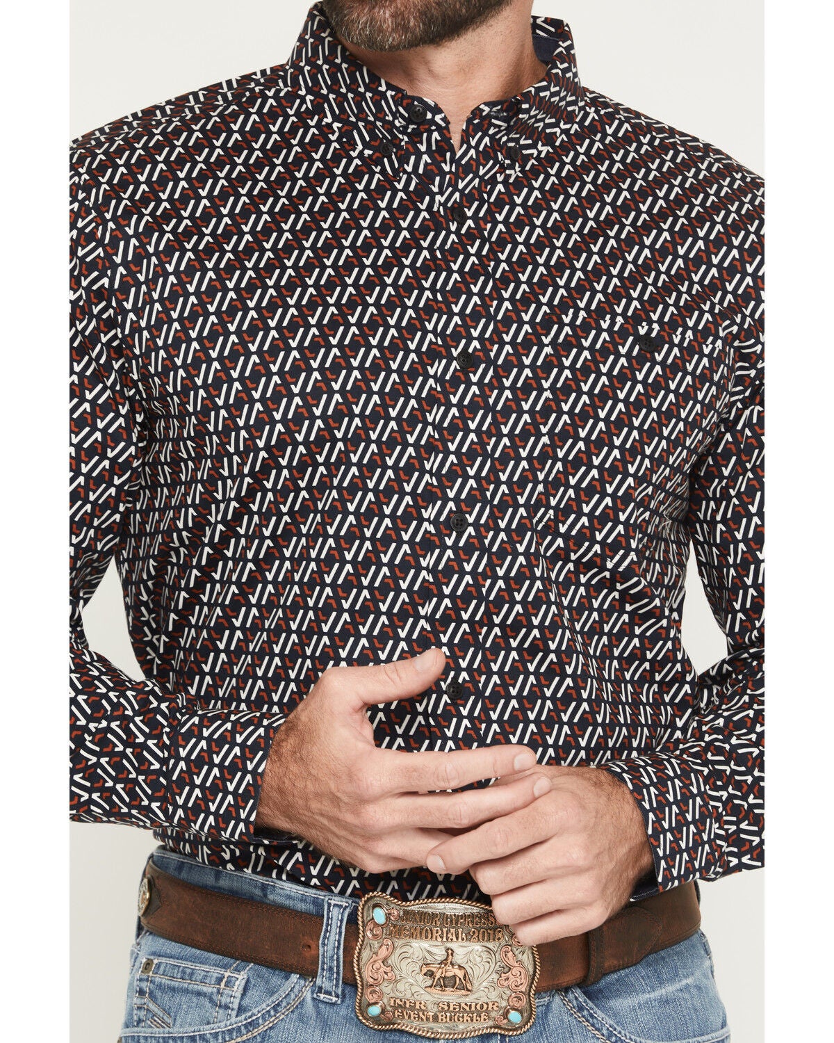 Image #3 - RANK 45&reg; Men's Rough Road Geo Print Long Sleeve Button-Down Stretch Western Shirt, Navy, hi-res