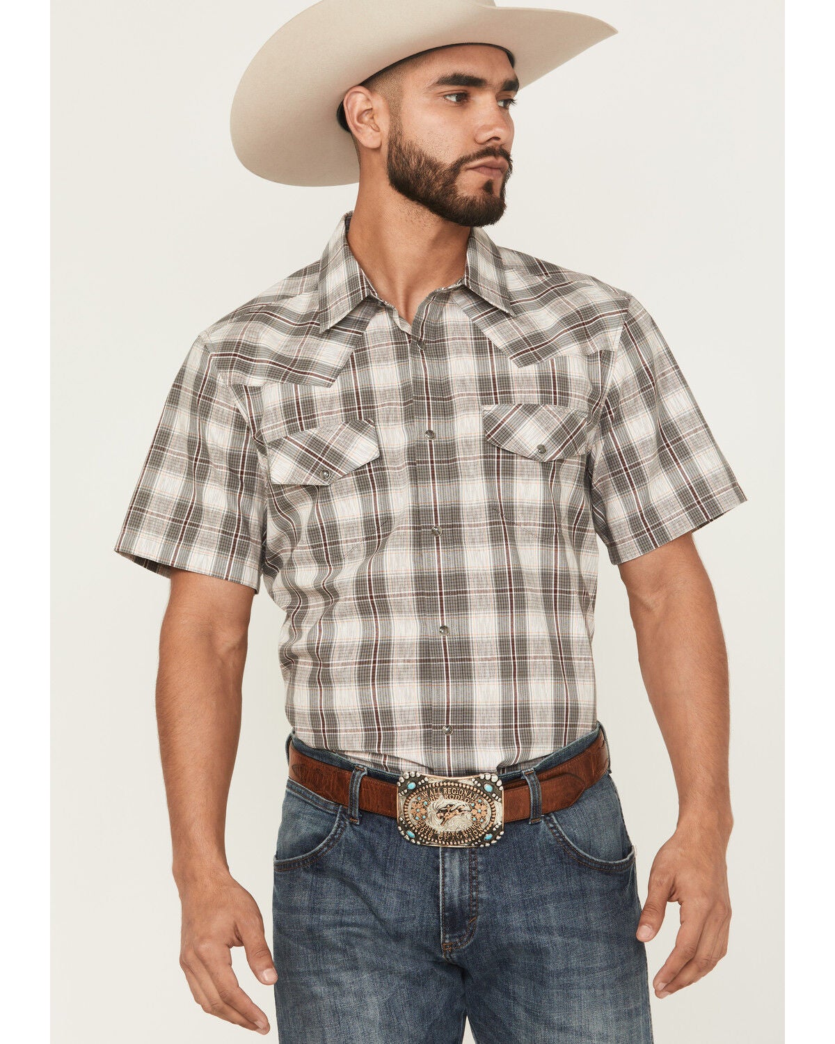 Image #1 - Gibson Trading Co Men's Starlink Plaid Print Short Sleeve Snap Western Shirt, Grey, hi-res