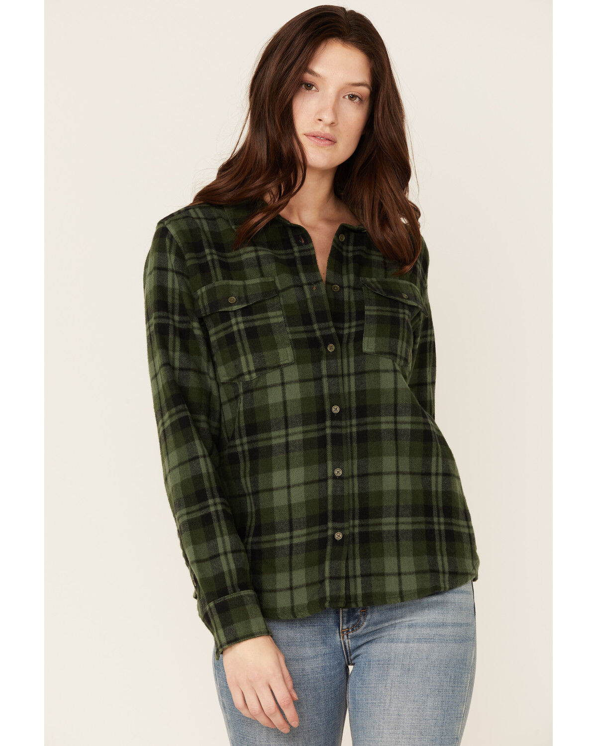 Image #1 - United By Blue Women's Plaid Responsible Button Down Western Flannel Shirt, Olive, hi-res