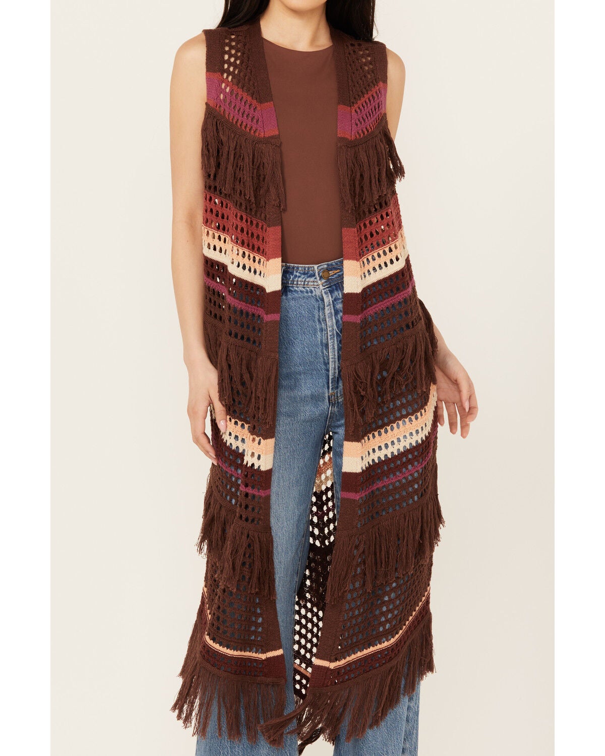 Image #3 - Shyanne Women's Long Striped Crochet Fringe Sweater Vest, Dark Brown, hi-res