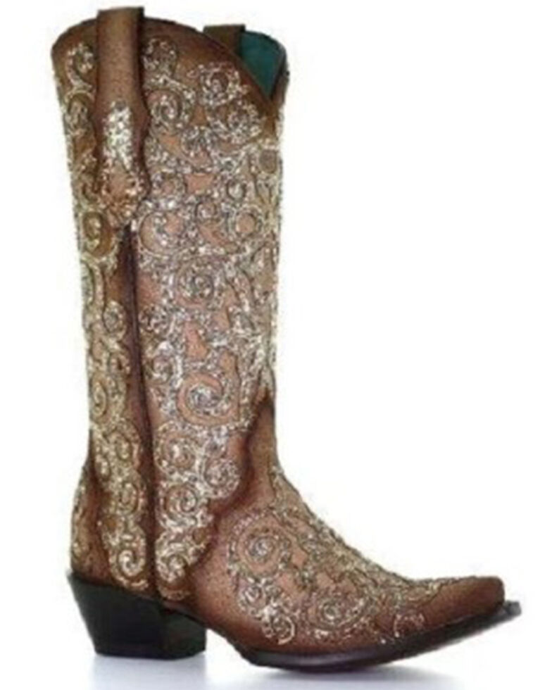 Corral Women's Bone Lamb Glitter Overlay & Embroidery Cowgirl Boots - Snip Toe, Natural, hi-res