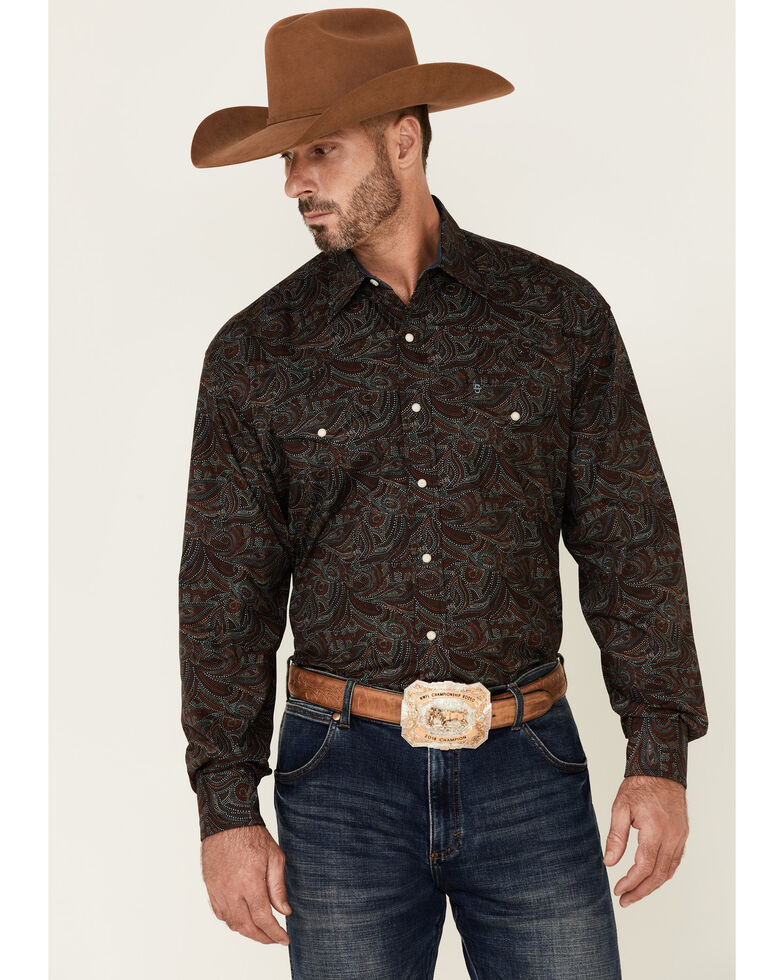 Stetson Men's Spotted Paisley Print Long Sleeve Snap Western Shirt , Maroon, hi-res