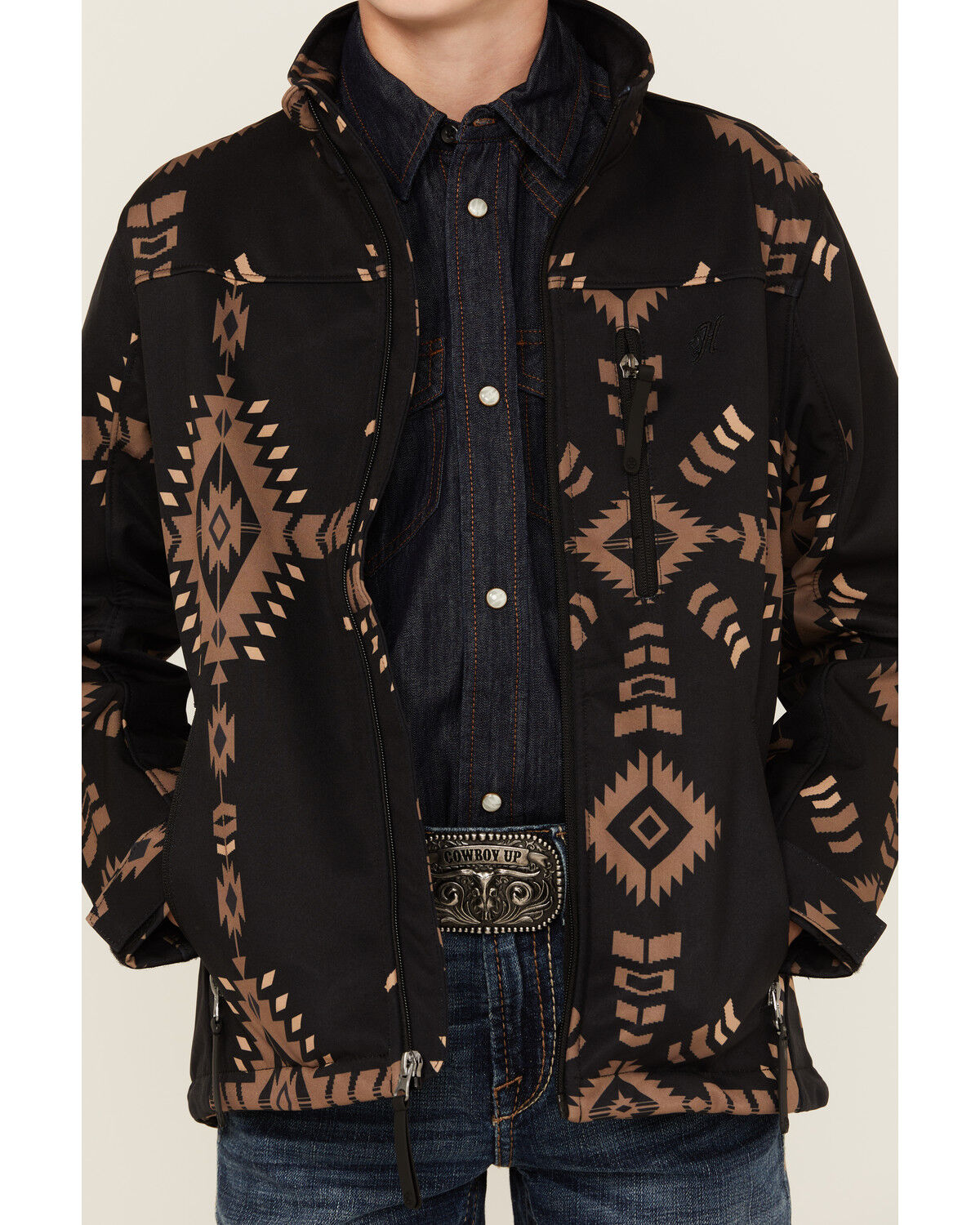 Image #3 - Hooey Boys' Southwestern Print Softshell Jacket, Black, hi-res