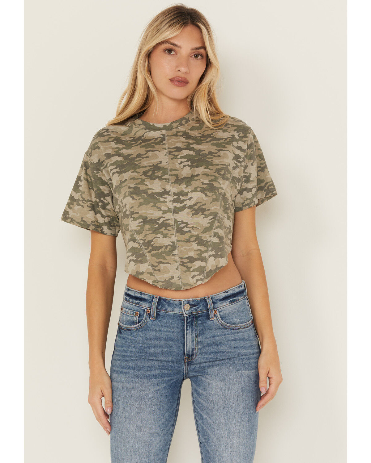 Image #1 - Youth in Revolt Women's Camo Print Seamed Tee, Olive, hi-res