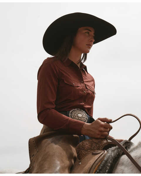 RANK 45® Women's Outdoor Riding Vented Yoke Long Sleeve Snap Shirt, Rust Copper, hi-res