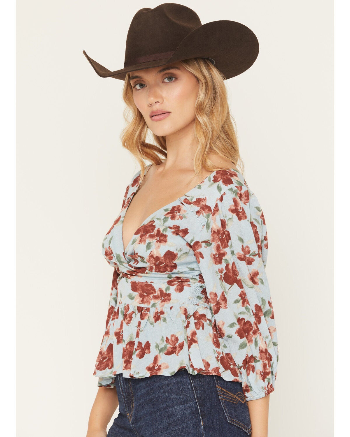 Image #2 - Wild Moss Women's Floral Knot Front Print Top, Blue, hi-res