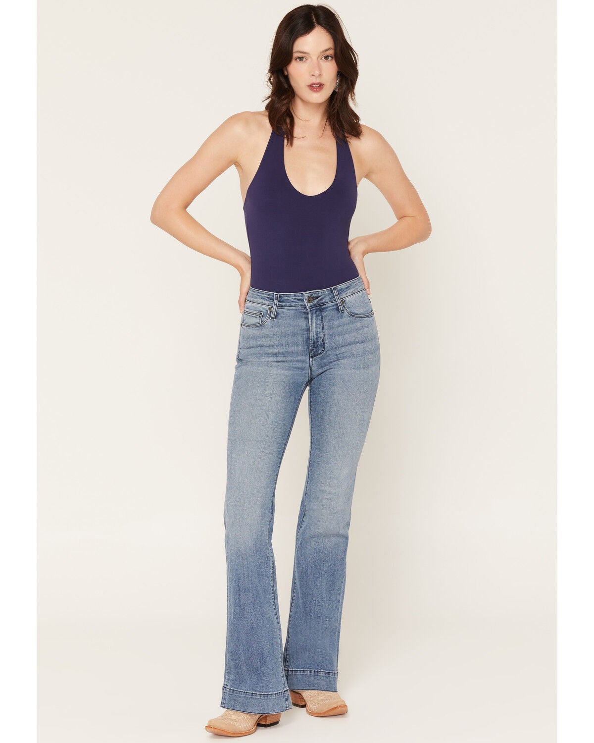 Haddad Women's Vintage Medium Wash Bella Trouser Flare Stretch Denim Jeans, Light Wash, hi-res