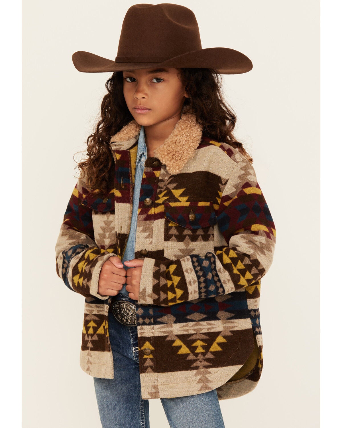 Shyanne Girls' Southwestern Print Sherpa Trim Shacket, Chocolate, hi-res