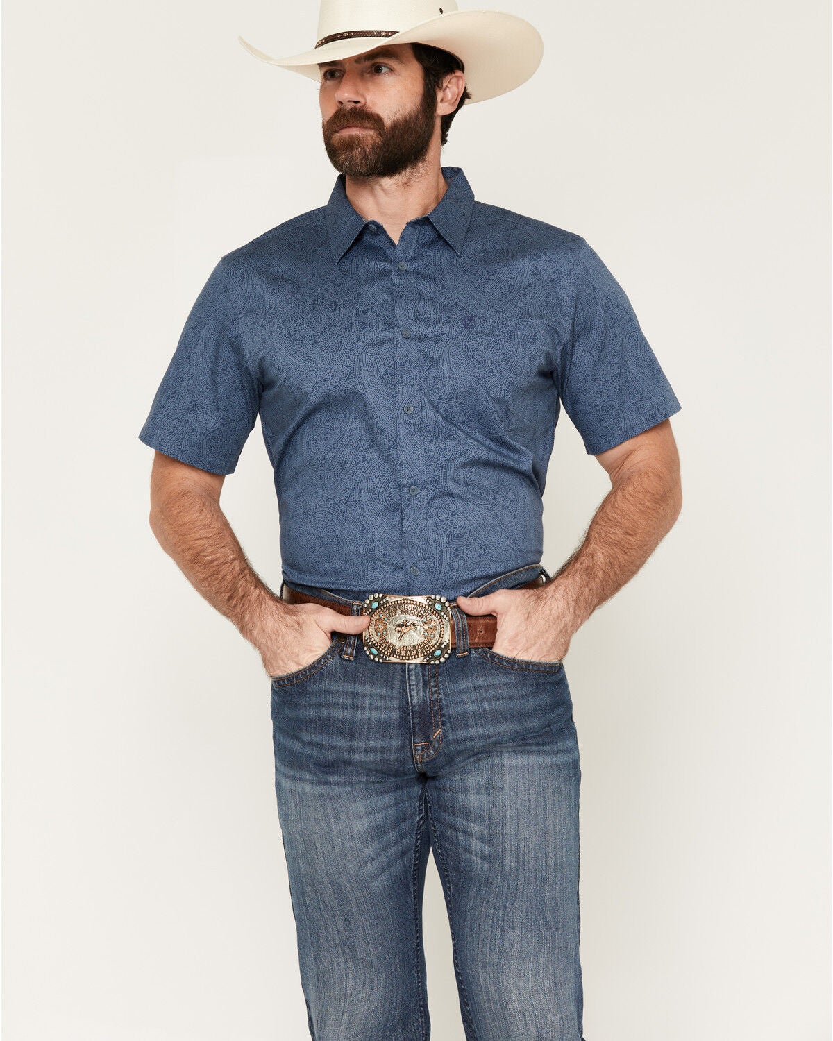 Cody James Men's Topaz Tonal Paisley Print Short Sleeve Button-Down Stretch Western Shirt, Blue, hi-res