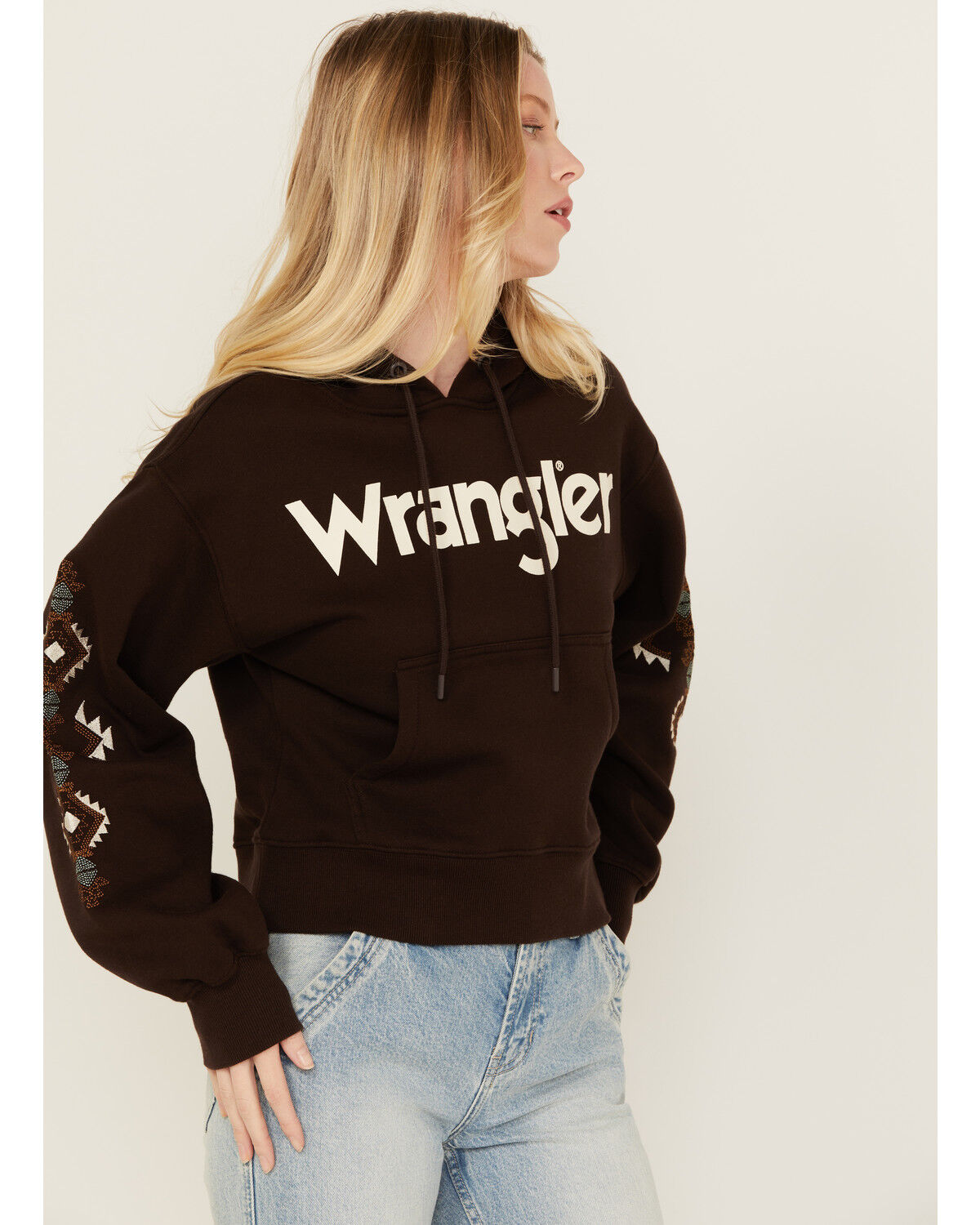 Image #2 - Wrangler Retro Women's Southwestern Sleeve Logo Hoodie, Brown, hi-res