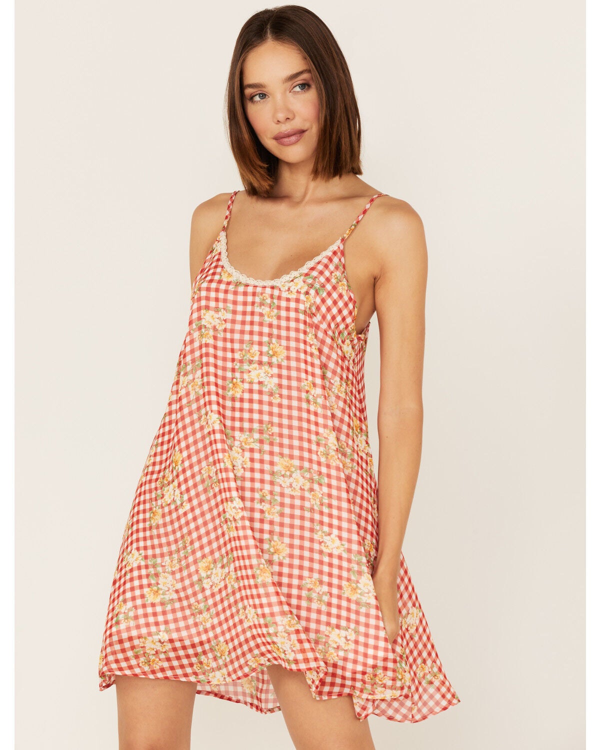 Wild Moss Women's Gingham Floral Print Slip Mini Dress, Red, hi-res