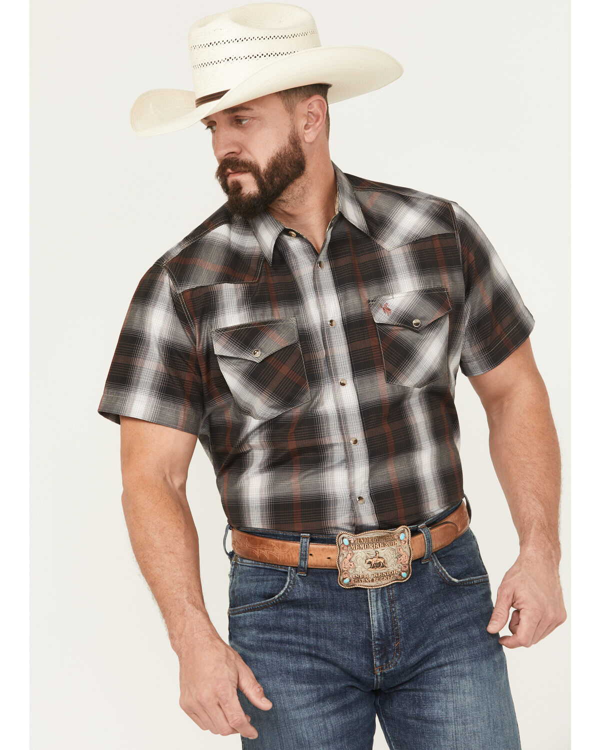 Image #1 - Rodeo Clothing Men's Plaid Print Short Sleeve Snap Stretch Western Shirt, Black, hi-res