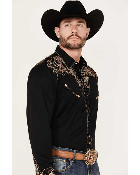 Image #2 - Scully Men's Embroidered Scroll Long Sleeve Snap Western Shirt, Black, hi-res