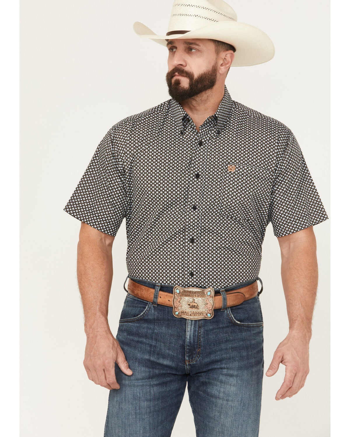 Cinch Men's Geo Print Short Sleeve Button-Down Western Shirt, Black, hi-res