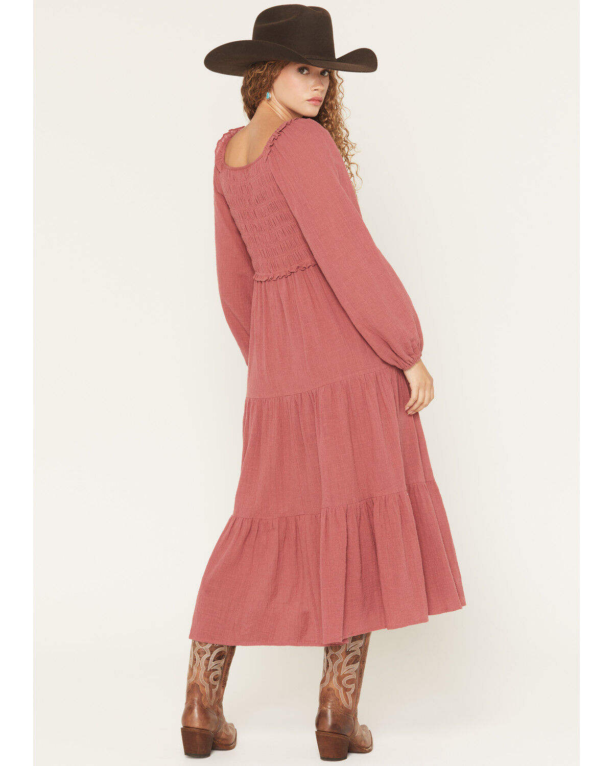 Image #4 - Yura Women's Long Sleeve Smocked Tiered Midi Dress, Rose, hi-res