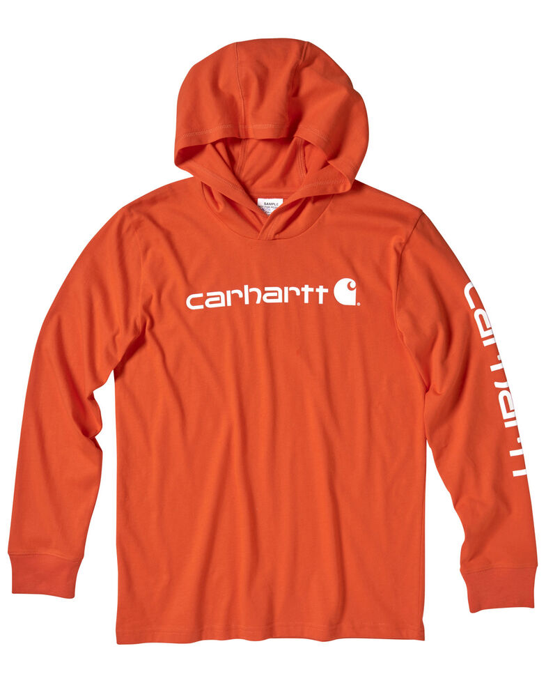 Carhartt Boys' 4-7 Orange Logo Sleeve Hooded Sweatshirt , Brown, hi-res