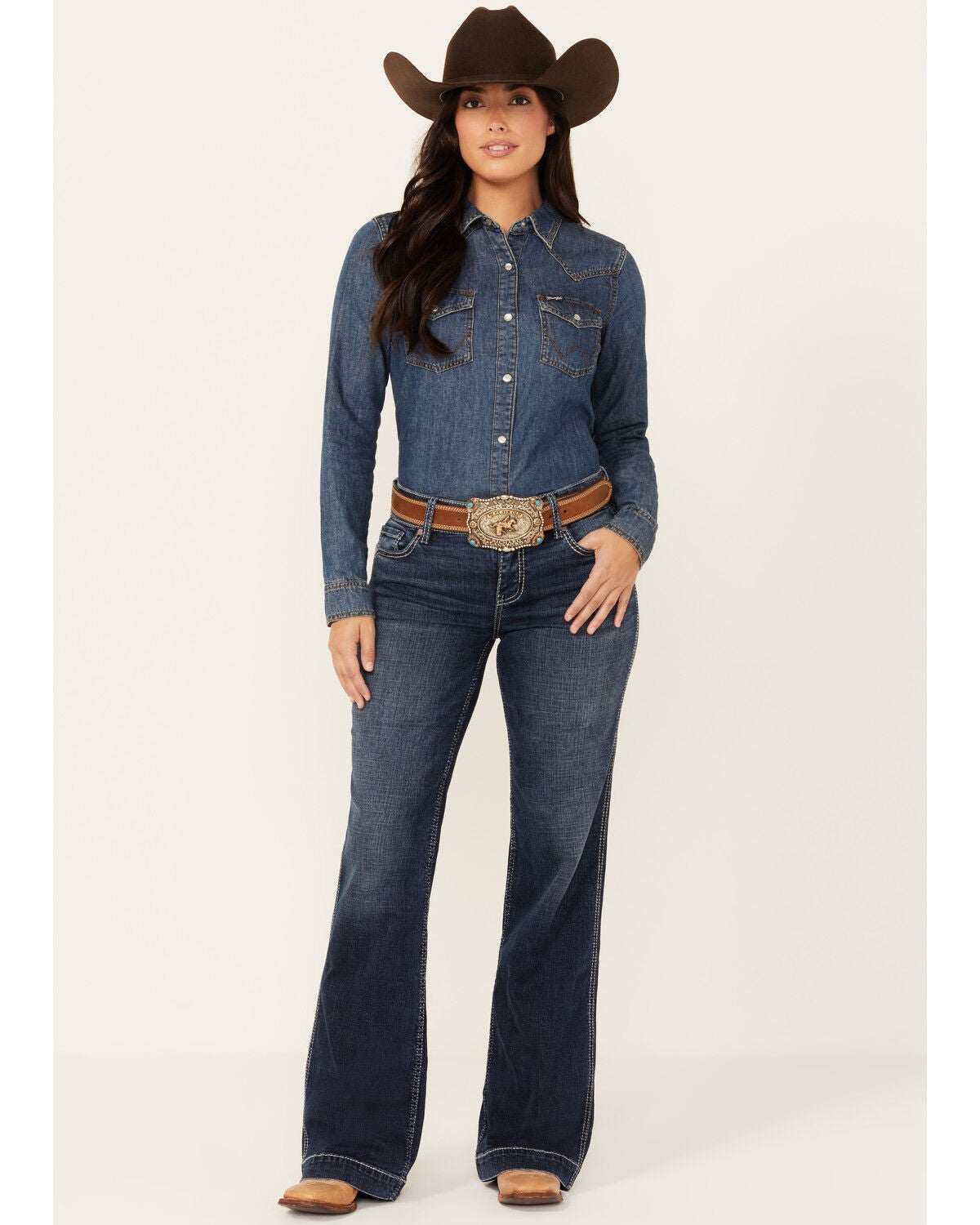 Blue B Women's Light Wash Rhinestone Long Sleeve Button-Down Denim