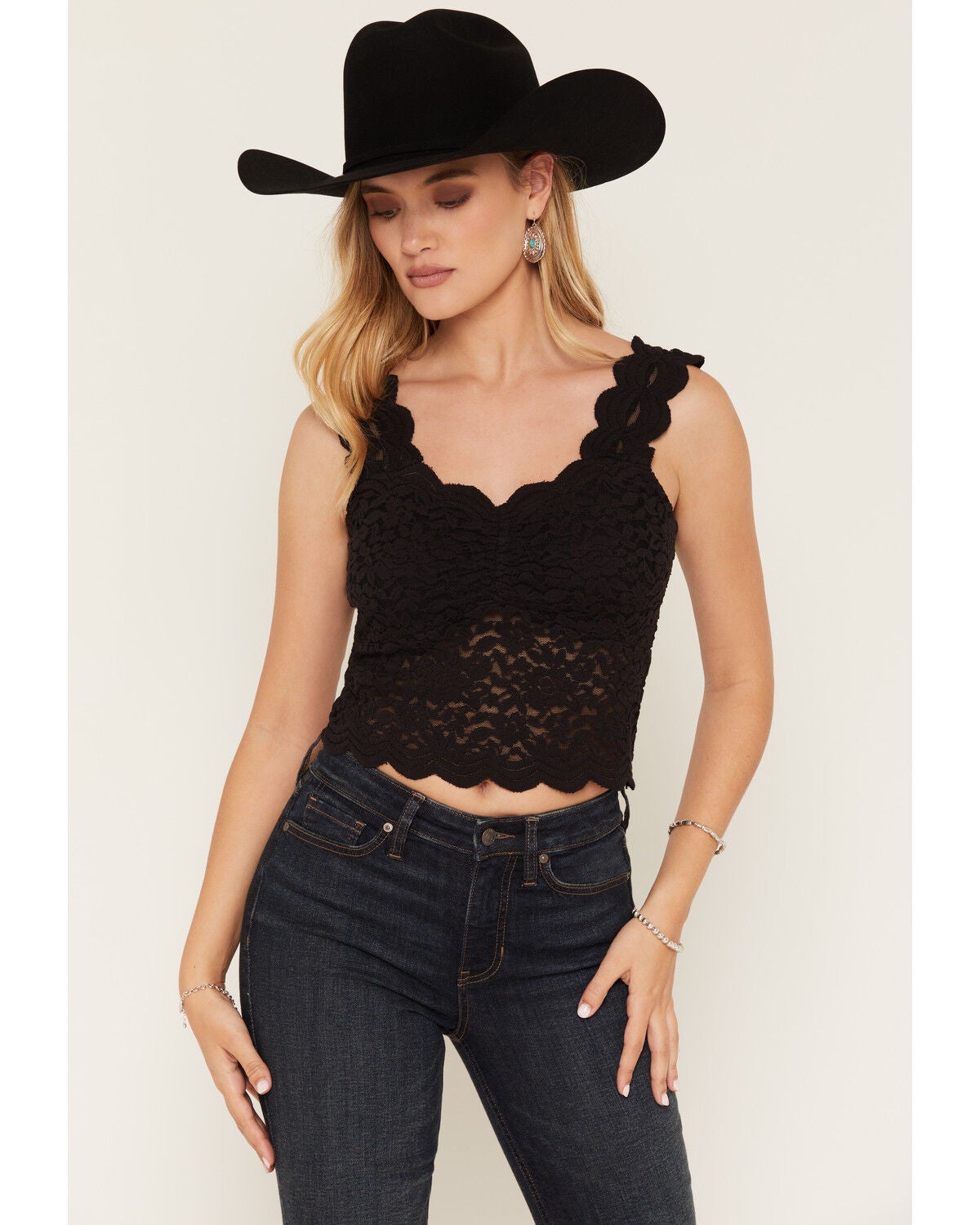 Image #1 - Shyanne Women's Solid Lace Fitted Tank Top, Black, hi-res