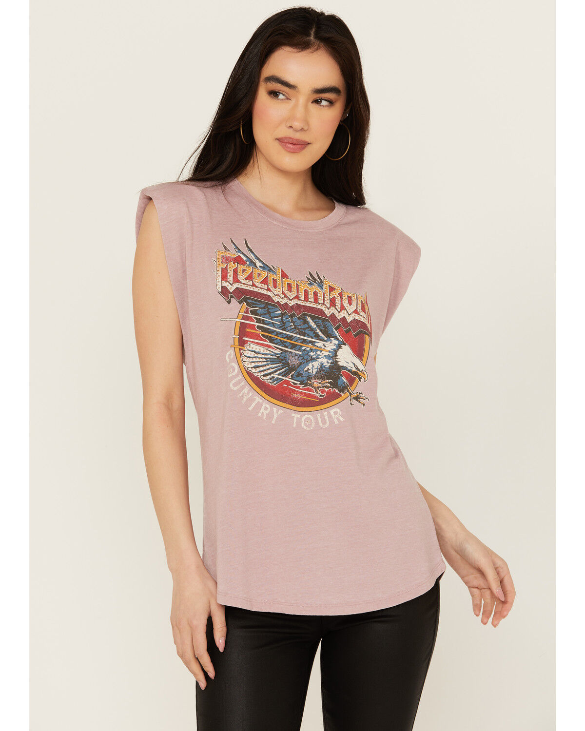 Image #1 - Blended Women's Freedom Rock Shoulder Pad Muscle Tee, Pink, hi-res