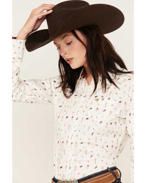 Image #2 - Ariat Women's Kirby Santa Fe Print Long Sleeve Button Down Stretch Western Shirt, White, hi-res