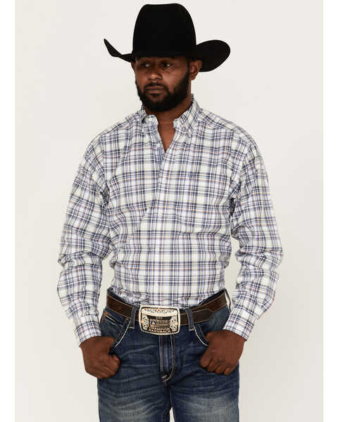 Image #1 - Ariat Men's Brady Plaid Long Sleeve Button Down Western Shirt , White, hi-res
