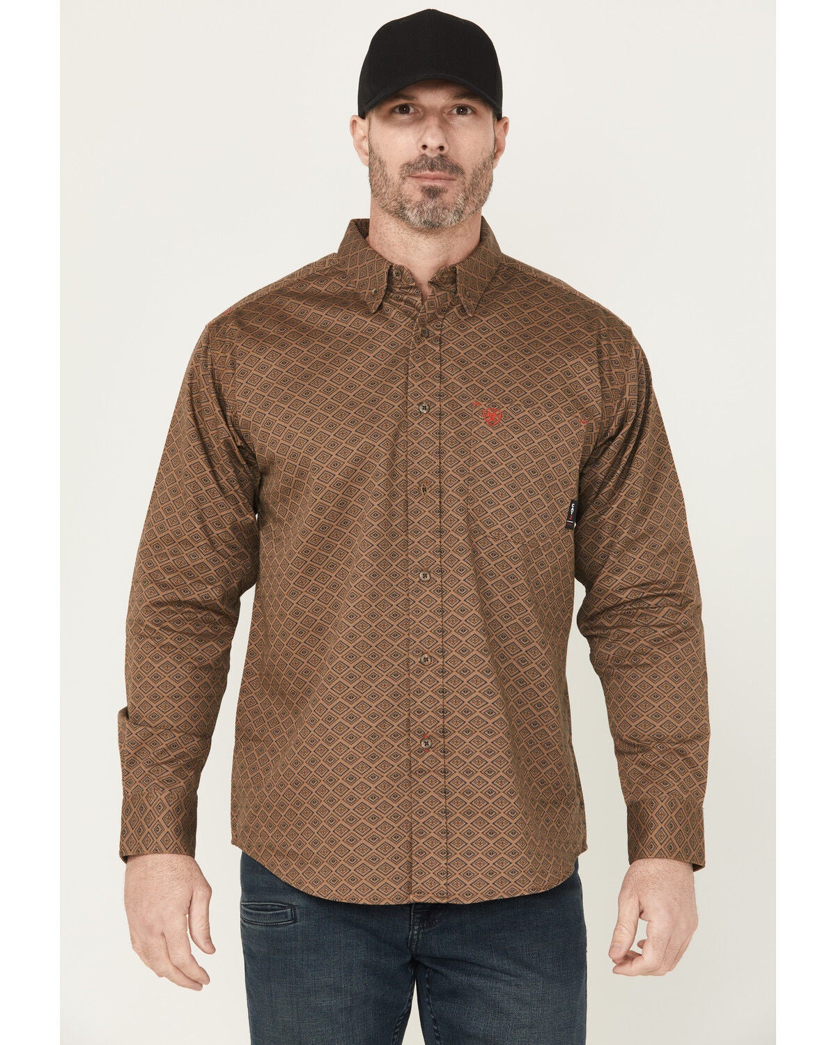 Ariat Men's FR Deniro Printed Long Sleeve Button-Down Work Shirt, Khaki, hi-res