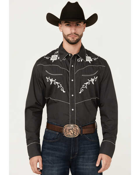 Image #1 - Wrangler Men's Rodeo Embroidered Long Sleeve Snap Western Shirt , Black, hi-res