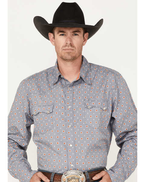 Roper Men's Large Geo Print Long Sleeve Pearl Snap Shirt, Grey, hi-res