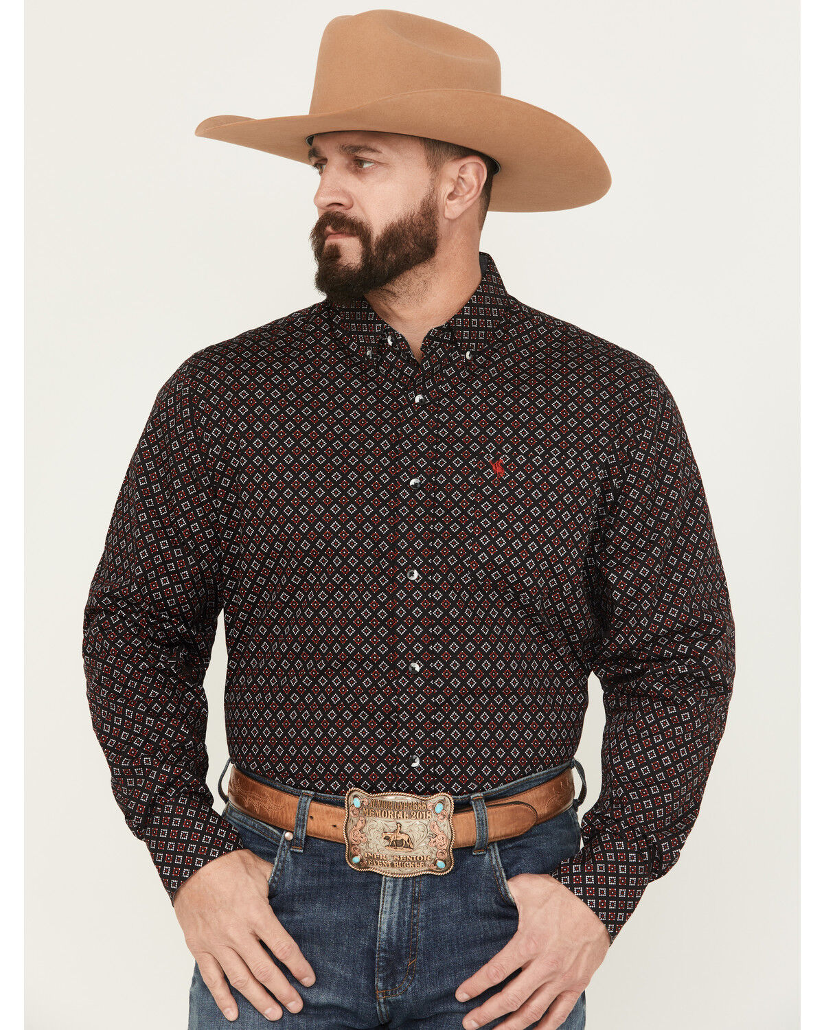 Image #1 - Rodeo Clothing Men's Geo Print Long Sleeve Button-Down Shirt, Black, hi-res