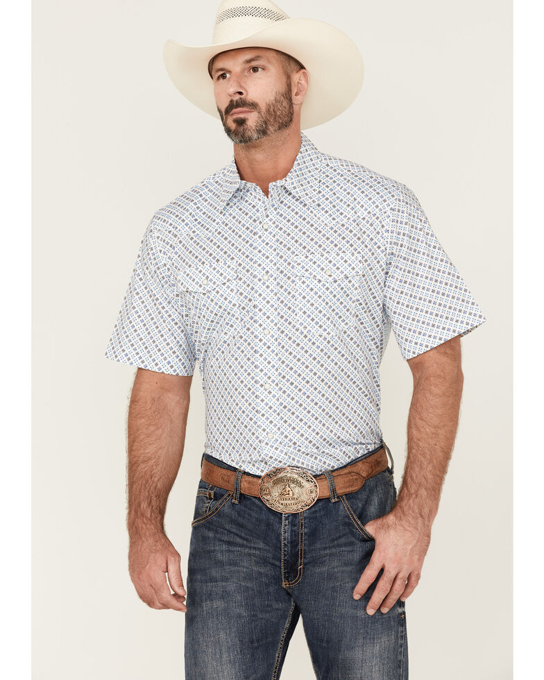 Wrangler 20X Men's AC Floral & Geo Print Short Sleeve Snap Western Shirt , Blue, hi-res