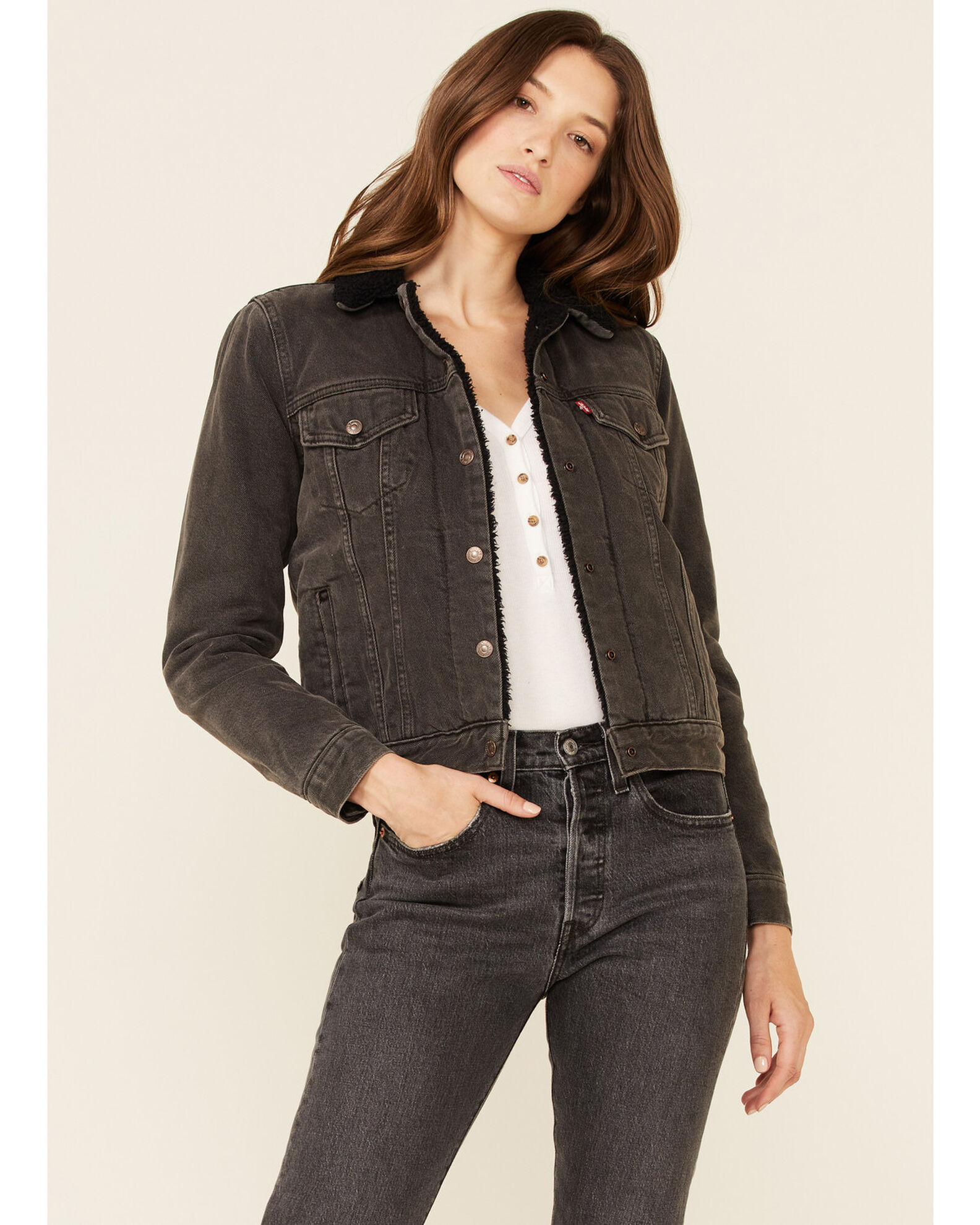 Sherpa lined black denim jacket womens sale