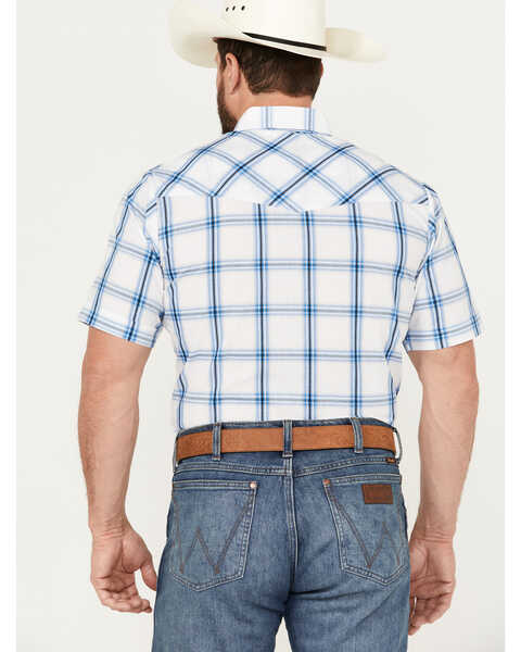 Image #4 - Ely Walker Men's Plaid Print Short Sleeve Pearl Snap Western Shirt, Blue, hi-res
