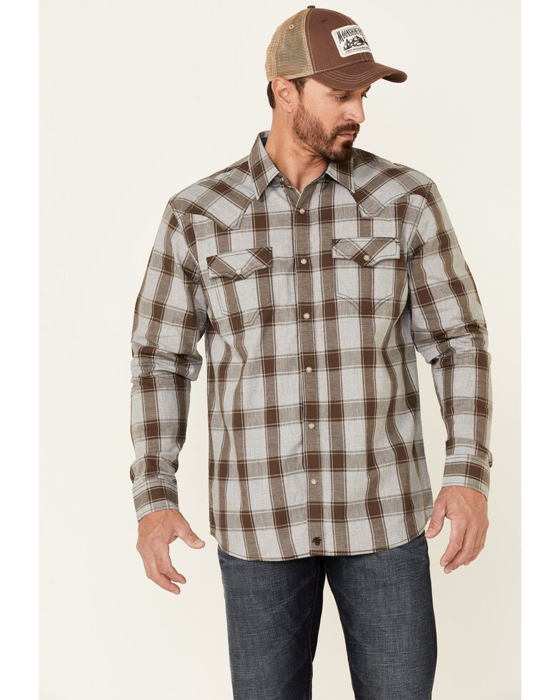Moonshine Spirit Men's Chainlink Fence Large Plaid Long Sleeve Snap Western Shirt , Medium Grey, hi-res