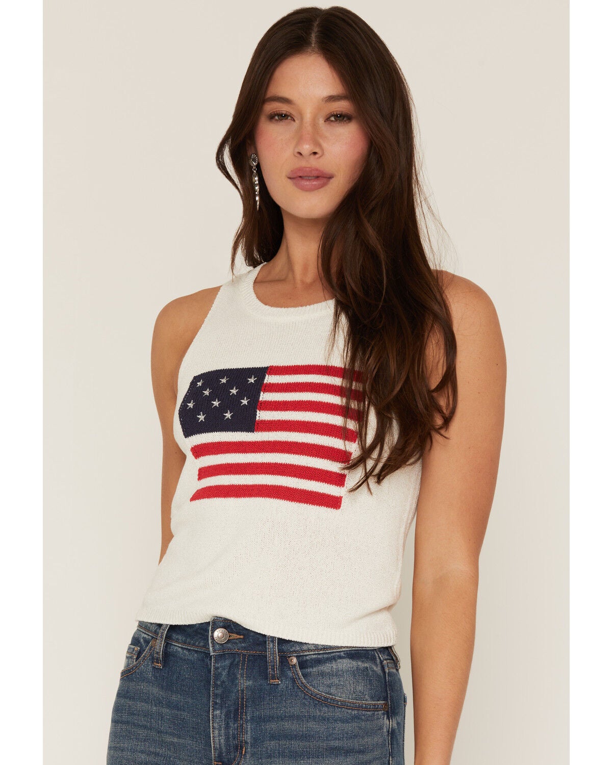 Sadie & Sage Women's American Flag Embroidered Sweater Tank Top, White, hi-res